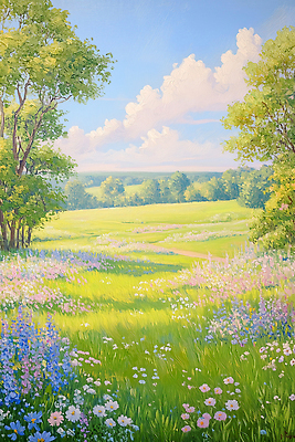 JPG 나무 꽃 여유 일러스트 자연 하늘 풍경 초원 여름 파란색 햇빛 평화 환경 뷰티풀 목가 국내일러스트 AI일러스트 AI콘텐츠 식물 계절 감정 컬러 컨셉 태양 생태계 파일형식