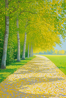 JPG 나무 길 일러스트 자연 나뭇잎 풍경 잔디 초원 햇빛 걷기 고요 산책 가을 조화 뷰티풀 색감 풍요 국내일러스트 AI일러스트 AI콘텐츠 식물 계절 컨셉 잎 모션 휴식 태양 생태계 파일형식