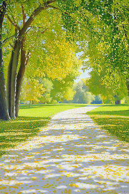 JPG 나무 공원 길 여유 낙엽 일러스트 자연 나뭇잎 따뜻함 풍경 잔디 초록색 햇빛 노란색 평화 고요 산책 가을 시원함 국내일러스트 AI일러스트 AI콘텐츠 식물 계절 공공시설 감정 컬러 컨셉 잎 휴식 태양 생태계 파일형식