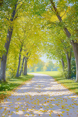 JPG 나무 공원 길 여유 잎 일러스트 자연 휴식 풍경 초록색 햇빛 소풍 노란색 평화 산책 산책로 가을 숲 조용 뷰티풀 국내일러스트 AI일러스트 AI콘텐츠 식물 계절 공공시설 감정 컬러 컨셉 태양 야외활동 생태계 파일형식