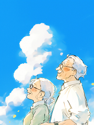 JPG 노년 행복 여유 일러스트 자연 하늘 사랑 미소 웃음 일상 햇빛 평화 노부부 동반자 국내일러스트 AI일러스트 AI콘텐츠 부부 감정 컨셉 표정 성인 라이프 태양 생태계 파일형식