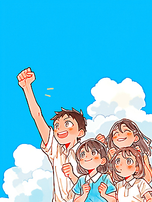 JPG 구름 행복 일러스트 응원 모션 청소년 자연 하늘 미래 웃음 소녀 소년 친구 희망 주먹 기쁨 긍정 장면 소통 공동체 국내일러스트 AI일러스트 AI콘텐츠 자연요소 여자 남자 감정 어린이 컨셉 관계 표정 사람 생태계 파일형식
