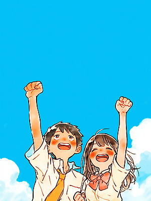 JPG 구름 일러스트 학교 자연 하늘 함께함 웃음 소녀 소년 친구 주먹 기쁨 표현 즐거움 상큼 활기 긍정적 성격 순간 국내일러스트 AI일러스트 AI콘텐츠 자연요소 여자 교육 남자 감정 어린이 컨셉 관계 모션 표정 생태계 파일형식