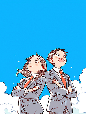 JPG 구름 포즈 일러스트 비즈니스 하늘 성공 미래 협력 정장 두명 희망 꿈 자신감 전문직 동료 커리어 긍정적 국내일러스트 AI일러스트 AI콘텐츠 자연요소 직업 옷 감정 컨셉 관계 사람 파일형식