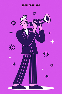무료이미지 캐릭터 남자 별 문화 예술 악기 음악 연주 일러스트 그래픽 보라색 축제 공연 분위기 즐거움 그림 트럼펫 재즈 국내일러스트 일러캐릭터 AI파일 자연요소 감정 컬러 컨셉 문화예술 사람 이벤트 금관악기 파일형식 벡터
