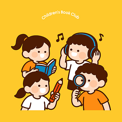 어린이 음악 일러스트 모션 놀이 대화 책 친구 학습 독서 펜 듣기 모임 읽기 즐거움 클럽 확대경 그림책 상상력 창의력 국내일러스트 AI파일 교육 감정 관계 문화예술 말하기 사람 필기구 파일형식 벡터
