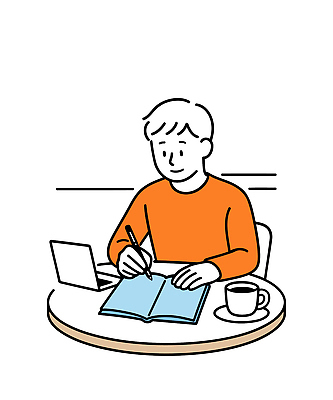 문자 남자 커피 의자 일러스트 탁자 아이디어 일상 노트북 학습 독서 공책 기록 작업 서재 집중 창의성 국내일러스트 AI파일 교육 음료 가구 컨셉 문구용품 사람 라이프 전자제품 파일형식 벡터