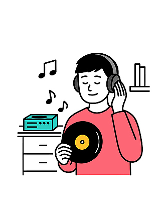 남자 행복 문화 음악 일러스트 취미 책 헤드폰 소리 감상 듣기 장비 레코드 추억 즐거움 아날로그 감성 리듬 국내일러스트 AI파일 감정 음향기기 컨셉 모션 문화예술 사람 음반 파일형식 벡터