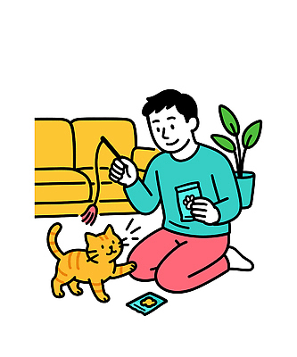 동물 남자 행복 화분 거실 일러스트 가족 일상 친구 반려동물 소파 장난감 귀여움 고양이 게임 연습 즐거움 놀기 유대감 국내일러스트 AI파일 감정 컨셉 의자 포유류 관계 모션 놀이 사람 라이프 파일형식 벡터
