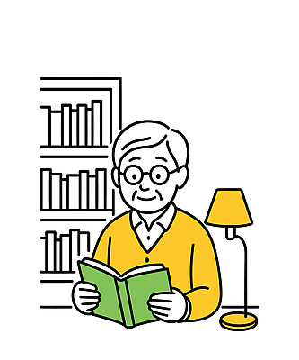 노년 행복 일러스트 휴식 조명 책장 취미 책 독서 평화 방 에너지 교양 시간 서재 편안함 집중 문학 국내일러스트 AI파일 감정 가구 컨셉 성인 감각 파일형식 벡터