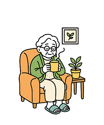 식물 노년 행복 화분 여유 음료 일러스트 탁자 집안 휴식 실내 미소 생활 소파 방 차 편안함 색감 오후 국내일러스트 AI파일 감정 가구 컨셉 의자 표정 성인 내부 감각 파일형식 벡터