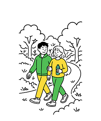 커플 공원 일러스트 자연 휴식 건강 풍경 여름 친구 운동복 운동 야외활동 걷기 산책 산책로 물병 국내일러스트 AI파일 옷 계절 공공시설 길 컨셉 관계 모션 물통 생태계 파일형식 벡터