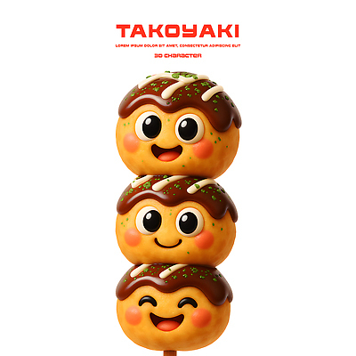 PSD 편집이미지 캐릭터 디자인 문화 음식 디저트 요리 웃음 장식 3D 과자 귀여움 일본 막대기 맛 타코야키 편집3D 아시아 컨셉 표정 디지털합성 일본음식 파일형식