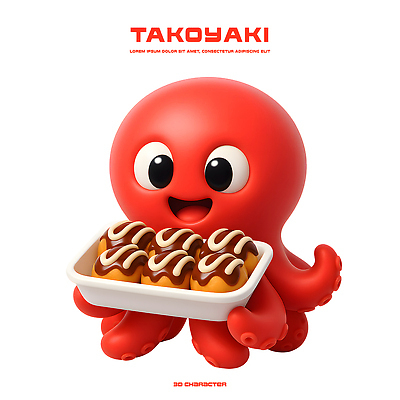 PSD 편집이미지 캐릭터 접시 음식 미소 상반신 3D 귀여움 즐거움 그림 문어 타코야키 일본음식 편집3D 식기 감정 컨셉 연체동물 표정 수중동물 디지털합성 파일형식