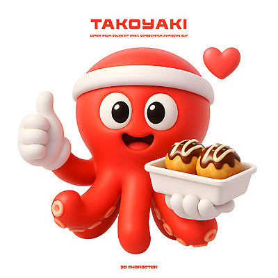 PSD 편집이미지 캐릭터 음식 디저트 요리 미소 빨간색 3D 귀여움 즐거움 문어 타코야키 길거리음식 일본음식 편집3D 감정 컬러 컨셉 연체동물 표정 수중동물 디지털합성 파일형식