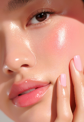 JPG 편집이미지 손 여자 얼굴 분홍색 근접촬영 화장 뷰티 붓 볼터치 피부 립글로스 광택 스킨케어 뷰티풀 의료성형뷰티 편집실사 AI포토 AI인물포토 AI콘텐츠 뷰포인트 컬러 사람 신체부위 화장품 CG 파일형식