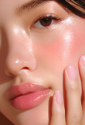 JPG 편집이미지 손 여자 얼굴 분홍색 자연 건강 근접촬영 화장 뷰티 피부 광택 의료성형뷰티 편집실사 AI포토 AI인물포토 AI콘텐츠 뷰포인트 컬러 사람 신체부위 CG 생태계 파일형식