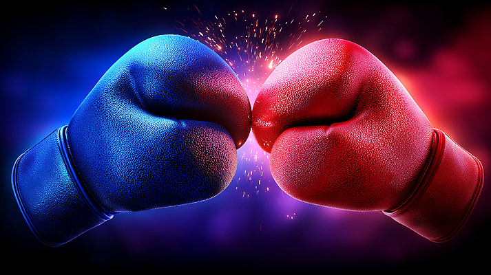 JPG 편집이미지 스포츠 빨간색 파란색 3D 힘 경쟁 경기장 권투 에너지 글러브 군중 싸움 긴장 순간 편집3D AI컴퓨터그래픽 AI콘텐츠 감정 스포츠용품 컬러 장갑 컨셉 스포츠시설 모션 사람 격투기 디지털합성 파일형식