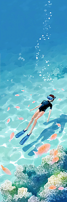 JPG 수영복 여유 바다 일러스트 자연 수영장 어류 사람 풍경 물 바닷속 수중 수영 수중동물 탐험 오리발 스쿠버다이빙 수심 국내일러스트 AI일러스트 AI콘텐츠 자연요소 동물 옷 감정 수상스포츠 생태계 파일형식