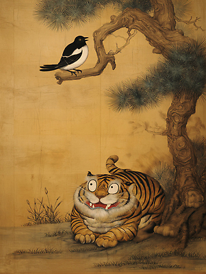 JPG 나무 동물 전통 응시 감정 상징 일러스트 자연 조류 생명 가지 한국 풍경 호랑이 편안함 즐거움 호기심 그림 서식지 국내일러스트 AI일러스트 AI콘텐츠 식물 시선 아시아 컨셉 채소 포유류 감각 생태계 파일형식