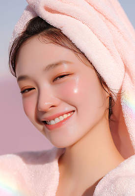 JPG 편집이미지 헤어스타일 여자 행복 분홍색 미소 수건 화장 촉촉함 피부 스킨케어 뷰티풀 의료성형뷰티 편집실사 AI포토 AI인물포토 AI콘텐츠 감정 컬러 표정 사람 신체부위 위생용품 뷰티 젖음 CG 파일형식