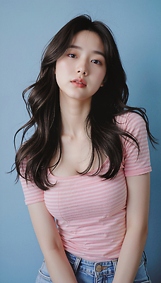 JPG 모델 편집이미지 긴머리 헤어스타일 여자 패션 분홍색 포즈 백그라운드 표정 미소 카메라 줄무늬 의료성형뷰티 편집실사 AI포토 AI인물포토 AI콘텐츠 컬러 무늬 사람 전자제품 CG 파일형식