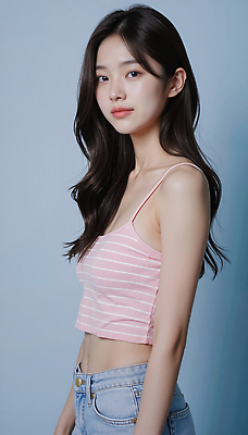 JPG 모델 편집이미지 긴머리 디자인 옷 패션 분홍색 포즈 촬영 줄무늬 청바지 의료성형뷰티 스타일 편집실사 AI포토 AI인물포토 AI콘텐츠 헤어스타일 컬러 무늬 바지 CG 파일형식