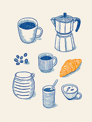 JPG 전통 여유 커피 음료 음식 일러스트 주방용품 아침 디저트 미술 카페 원두 아침식사 커피잔 커피포트 크루아상 브런치 따뜻한음료 수요일 인기 국내일러스트 AI일러스트 AI콘텐츠 주간 감정 빵 생활용품 주전자 문화예술 잔 상점 식사 요일 파일형식