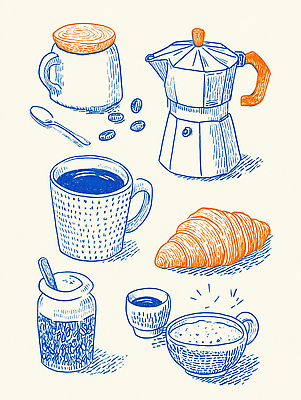 JPG 커피 음료 일러스트 가족 탁자 주전자 아침 디저트 따뜻함 친구 숟가락 식사 카페 빵집 모임 원두 편안함 찻잔 잼 크루아상 브런치 국내일러스트 AI일러스트 AI콘텐츠 주간 음식 빵 가구 관계 주방용품 잔 수저 상점 감각 소스_음식 파일형식