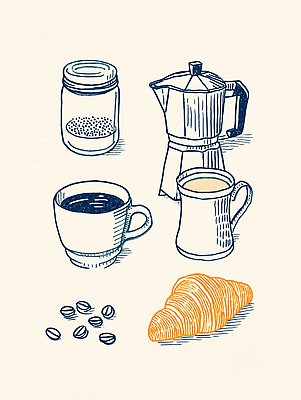 JPG 문화 여유 커피 음료 일러스트 가정 아침 휴식 일상 컵 식사 카페 원두 맛 커피메이커 크루아상 브런치 프렌치프레스 홈카페 맛있는 국내일러스트 AI일러스트 AI콘텐츠 주간 식기 감정 빵 컨셉 라이프 상점 커피용품 파일형식
