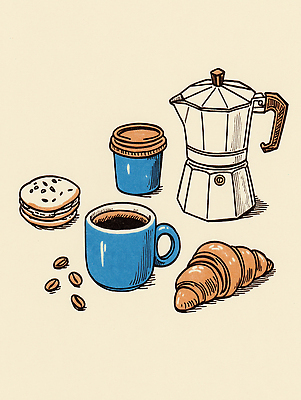 JPG 커피 음료 음식 일러스트 탁자 아침 휴식 디저트 식사 카페 빵집 원두 마시기 편안함 크루아상 크림 즐거움 순간 핸드메이드 바삭바삭 국내일러스트 AI일러스트 AI콘텐츠 주간 감정 빵 가구 컨셉 모션 상점 감각 파일형식