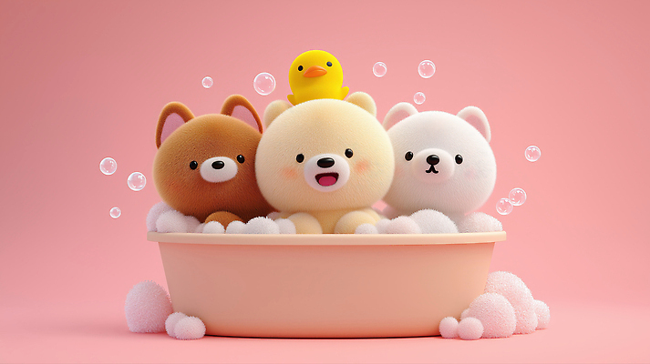 JPG 편집이미지 캐릭터 분홍색 곰 놀이 오리 욕조 미소 장난감 3D 귀여움 목욕 거품 즐거움 비누 유아용 편집3D AI컴퓨터그래픽 AI콘텐츠 동물 감정 컬러 컨셉 포유류 조류 표정 위생용품 청결 디지털합성 파일형식