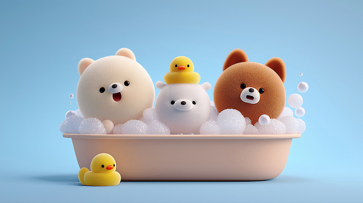 JPG 편집이미지 캐릭터 감정 여유 곰 모션 오리 욕조 장난감 3D 귀여움 목욕 즐거움 물거품 편집3D AI컴퓨터그래픽 AI콘텐츠 동물 컨셉 포유류 조류 청결 거품 디지털합성 파일형식