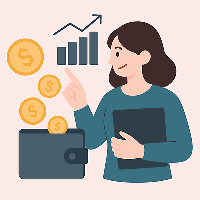 여자 돈 일러스트 성공 그래프 관리 설명 금융 경제 태블릿 동전 자료 성장 지갑 재산 계획 분석 투자 전략 수익 재정 국내일러스트 AI파일 컨셉 비즈니스 모션 사람 전자제품 스마트기기 파일형식 벡터