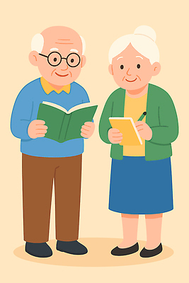 부부 커플 할아버지 할머니 생각 일러스트 모션 따뜻함 대화 사랑 책 독서 노부부 교양 메모지 시간 서재 연령 순간 셰어링 국내일러스트 AI파일 여자 노년 남자 감정 관계 말하기 사무용품 파일형식 벡터 공유경제