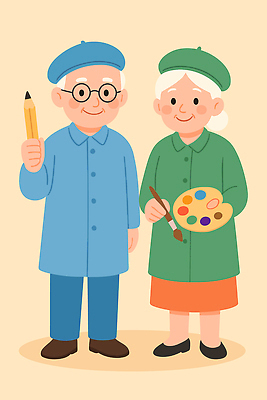 손 부부 노년 행복 감정 얼굴 예술 컬러 일러스트 모션 따뜻함 미소 연필 평화 표현 팔레트 그림 화사함 순간 창작 국내일러스트 AI파일 커플 컨셉 학용품 표정 성인 신체부위 필기구 파일형식 벡터