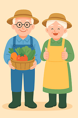 전통 할아버지 행복 할머니 채소 일러스트 가족 모션 자연 협력 미소 두명 농작물 농장 바구니 수확 신선 농부 유기농 원예 국내일러스트 AI파일 직업 웰빙 여자 노년 남자 감정 농업 관계 표정 사람 취미 생태계 파일형식 벡터