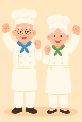 전통 행복 일러스트 재료 응원 협력 함께함 사랑 요리 주방 노부부 요리사 식사 기쁨 흰색 조리복 리더쉽 창의력 국내일러스트 AI파일 직업 부부 감정 컬러 컨셉 유니폼 파일형식 벡터