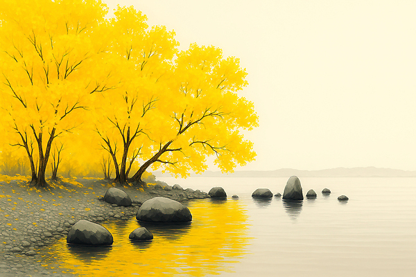 JPG 호수 여유 물결 일러스트 자연 하늘 풍경 여름 반사 평화 고요 일몰 산책 가을 돌_바위 뷰티풀 국내일러스트 AI일러스트 AI콘텐츠 계절 감정 컨셉 휴식 노을 생태계 파일형식