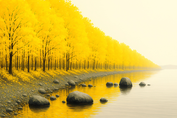 JPG 잎 일러스트 자연 풍경 반사 평화 고요 금색 가을 돌_바위 시세 수면 숲 강가 지평선 뷰티풀 풍경화 국내일러스트 AI일러스트 AI콘텐츠 식물 계절 컬러 컨셉 물 금융 강 그림 생태계 파일형식