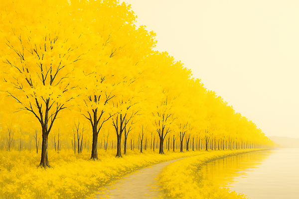 JPG 나무 길 호수 일러스트 자연 풍경 빛 노란색 평화 환경 산책 산책로 가을 숲 생태계 은행나무 뷰티풀 풍요 차분 국내일러스트 AI일러스트 AI콘텐츠 식물 계절 컬러 컨셉 휴식 파일형식