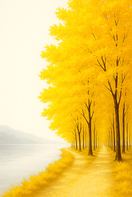 JPG 나무 길 여유 일러스트 자연 하늘 휴식 풍경 물 강 노란색 평화 산책 촉촉함 가을 시골 조용 은행나무 뷰티풀 색감 국내일러스트 AI일러스트 AI콘텐츠 자연요소 식물 계절 감정 컬러 컨셉 젖음 생태계 파일형식