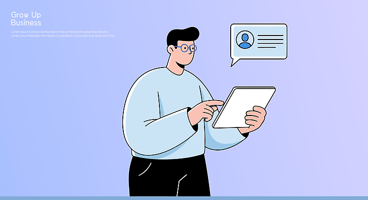 남자 일러스트 비즈니스 모션 커뮤니케이션 기술 실험 태블릿 디지털 자료 공간 정보 성장 업무 집중 모던 전략 소통 창의성 국내일러스트 AI파일 컨셉 사람 전자제품 스마트기기 작업 파일형식 벡터