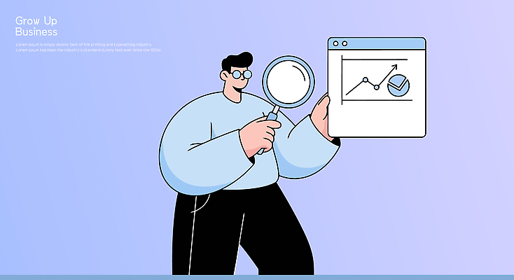 남자 일러스트 비즈니스 통계 성공 그래프 기술 실험 자료 정보 성장 시장 목표 계획 분석 확대경 전략 혁명 경영 마케팅 실행 국내일러스트 AI파일 컨셉 사람 파일형식 벡터