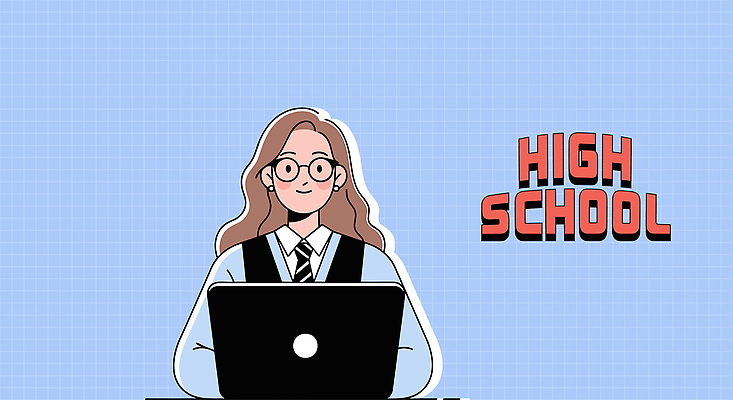 학생 여학생 교육 교복 의자 일러스트 교실 모션 기술 고등학교 학습 컴퓨터 스쿨라이프 디지털 스크린 시간 집중 소통 온라인강의 국내일러스트 AI파일 라이프스타일 옷 여자 가구 컨셉 학교 전자제품 강의 파일형식 벡터 언택트