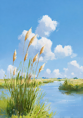 JPG 여유 일러스트 자연 하늘 생명 바람 갈대 풍경 초원 초록색 물 여름 평화 맑음 수중식물 강가 생태계 조화 클라우드서비스 풍경화 국내일러스트 AI일러스트 AI콘텐츠 자연요소 식물 계절 감정 컬러 컨셉 날씨 강 서비스 그림 파일형식