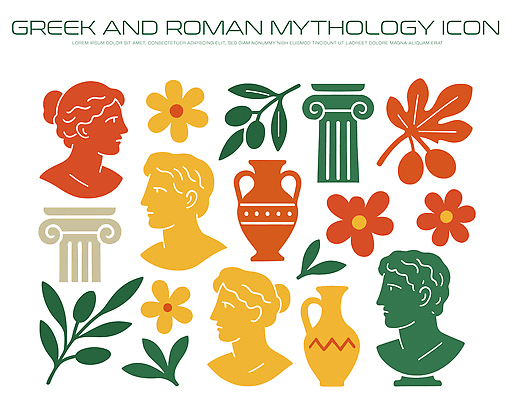 전통 디자인 꽃 문화 예술 상징 컬러 일러스트 고대문명 그래픽 장식 조각상 기둥 도자기 역사 그리스로마신화 로마신화 여신 국내일러스트 AI파일 식물 건축 조형물 신화 파일형식 벡터
