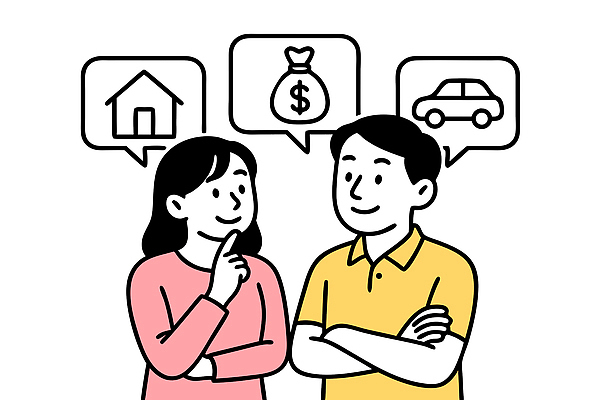 여자 남자 돈 일러스트 자동차 주택 대화 협상 경제 저축 목표 계획 상담원 토론 상담 투자 기획 의견 신중 재정 국내일러스트 AI파일 육상교통 컨셉 비즈니스 말하기 사람 건물 금융 사무원 재산 파일형식 벡터