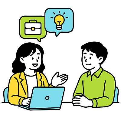 직업 여자 남자 일러스트 회의 협력 아이디어 직장 대화 설명 노트북 환경 업무 발전 목표 결과 전략 소통 참여 창의성 국내일러스트 AI파일 컨셉 회사 비즈니스 모션 말하기 사람 전자제품 작업 파일형식 벡터