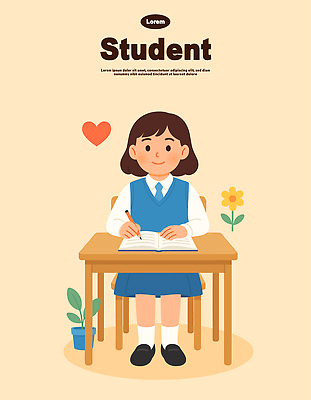 학생 교육 꽃 화분 어린이 일러스트 교실 수업 초등학교 소녀 친구 학습 필기구 공책 기록 집중 책상 국내일러스트 AI파일 식물 여자 가구 컨셉 학교 관계 문구용품 사람 파일형식 벡터